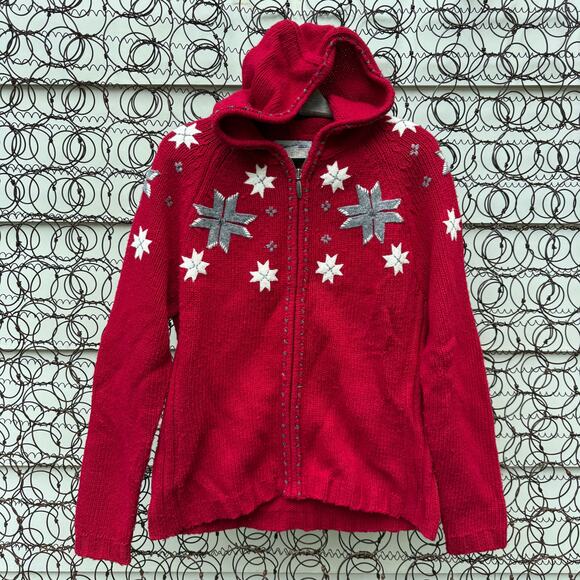Y2K Eddie Bauer Lambswool Fair Isle Quilt Barn Star Snowflake Hooded Cardigan LG - Picture 1 of 10